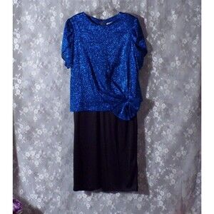 Vintage 80s Cocktail Dress Size Large 1980s Retro Jenny Blue & Black Disco Glam